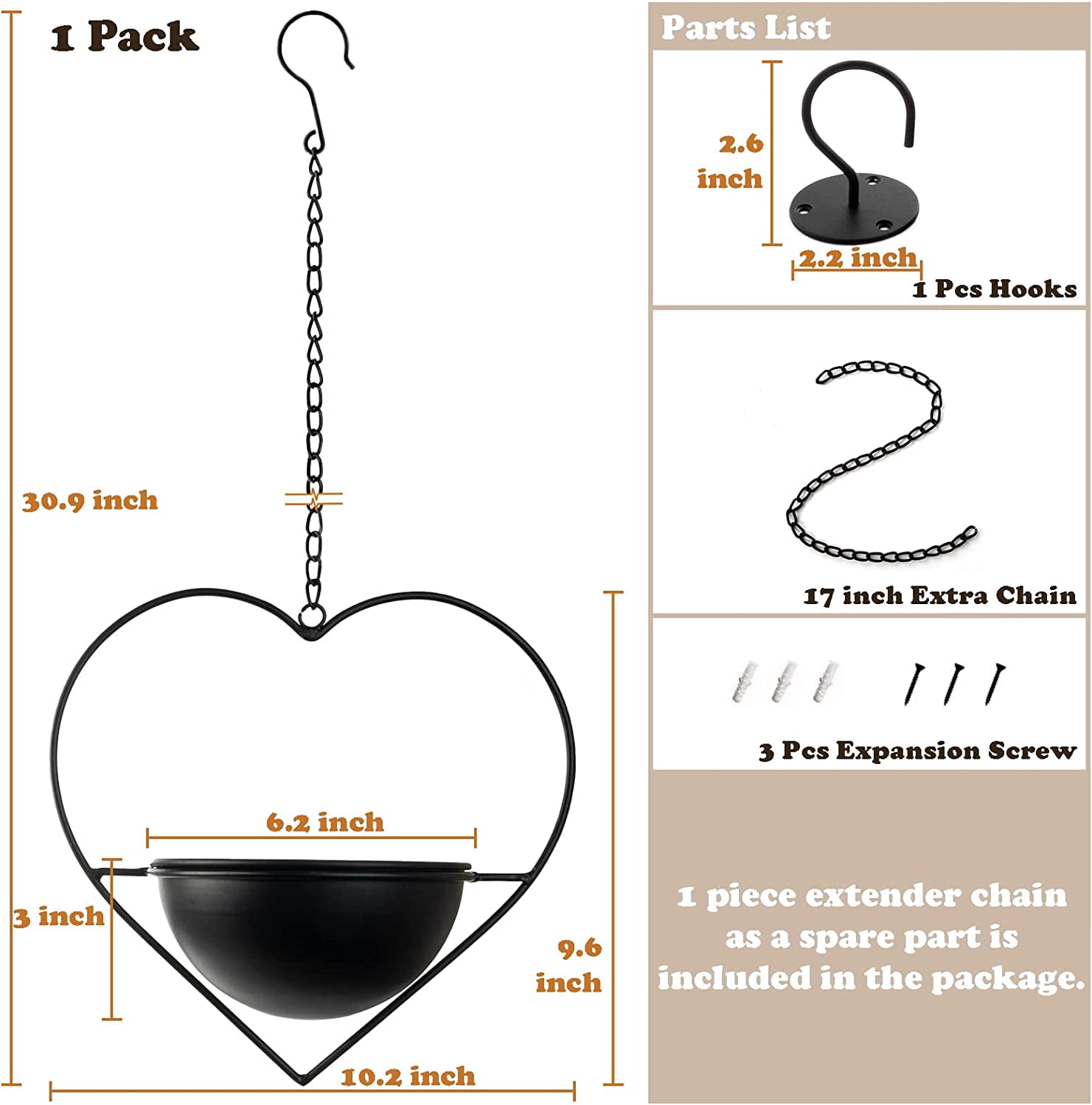 1 Pack Heart Shaped  Hanging Plant Holder with 6inch Detachable Pot, Black Metal Wall Ceiling Plant Hanger for Indoor Outdoor, Minimalist Small Hanging Planter for Home Wedding Decor