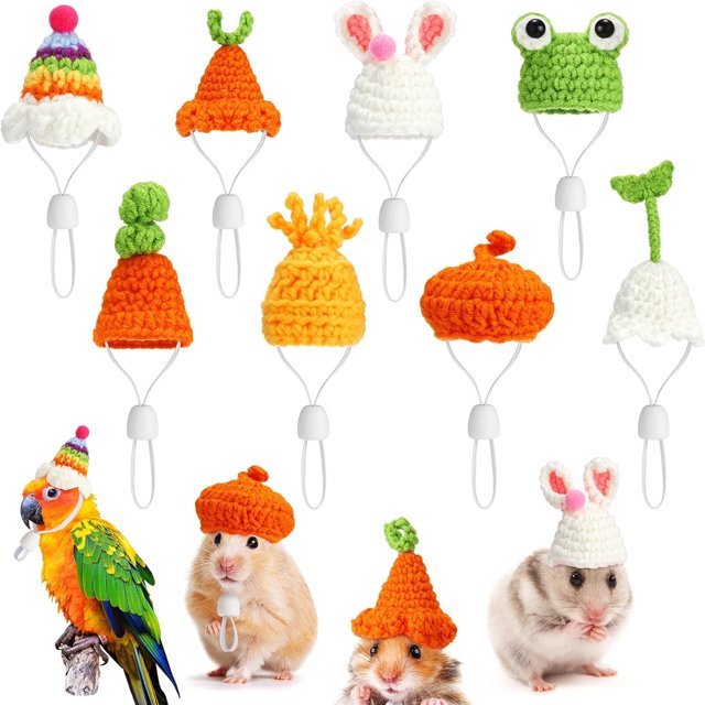 8 mini gorros para hámster tejidos a mano con correa ajustable, diseño de rana, conejo, zanahoria arcoíris, para mascotas pequeñas, ropa para fiestas, accesorios de disfraces, accesorios para fotos.