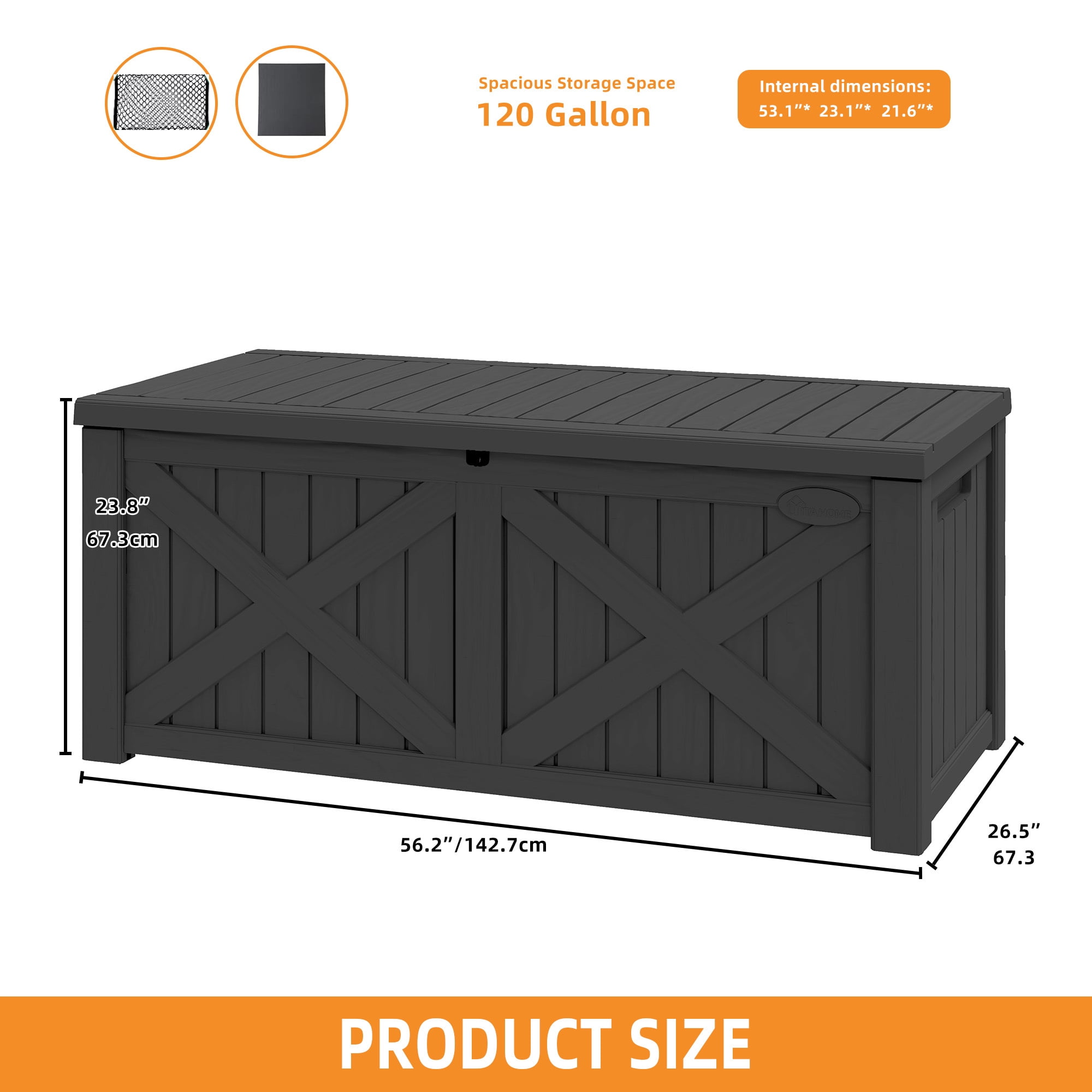 Uforic 120 Gallon Outdoor Waterproof Resin Deck Box, Weatherproof Storage Bench with 660 lbs Capacity, Dark Gray