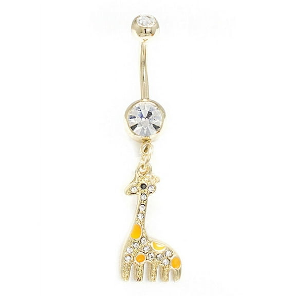 Luxe Modz 14G Crystal CZ Long Dangle Giraffe Belly Ring Curved Bar Barbell Surgical Steel Navel Piercing Jewelry for Women - Sold Individually