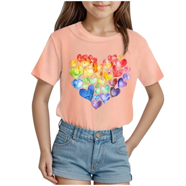 Nwiuh T-Shirts Graphiques Mignons avec Cœur pour Femmes, Manches Courtes, Col Ras du Cou, Coupe Régulière, Blouse, Adolescentes, Été, Décontracté, Basique, Hauts Tee (Rose Pâle, 9-10 Ans)