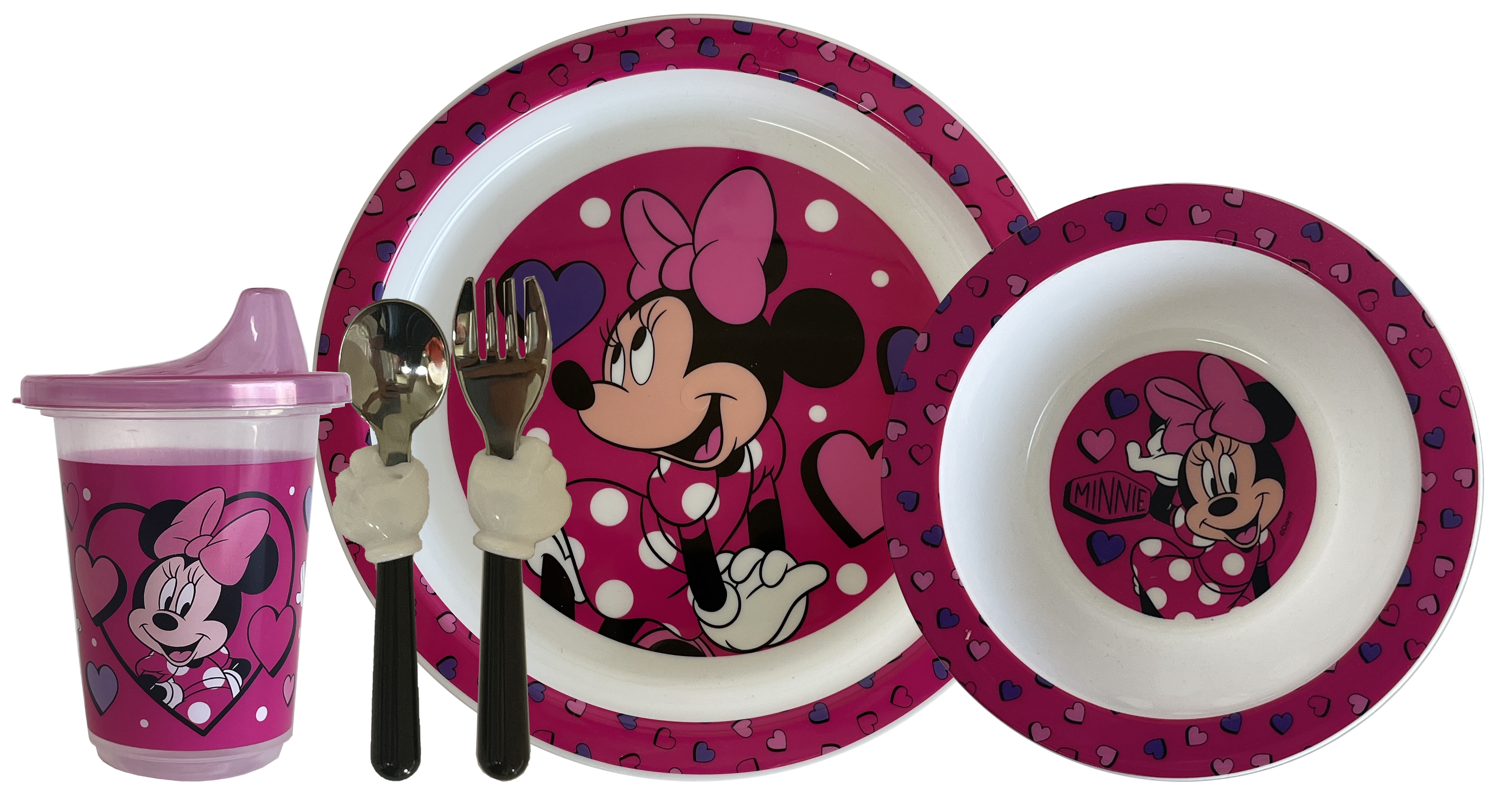 Licensed 5 Piece Toddler Mealtime Sets with their Favorite Characters. Includes Plate, Bowl, Sip Cup, and Specialized Flatware