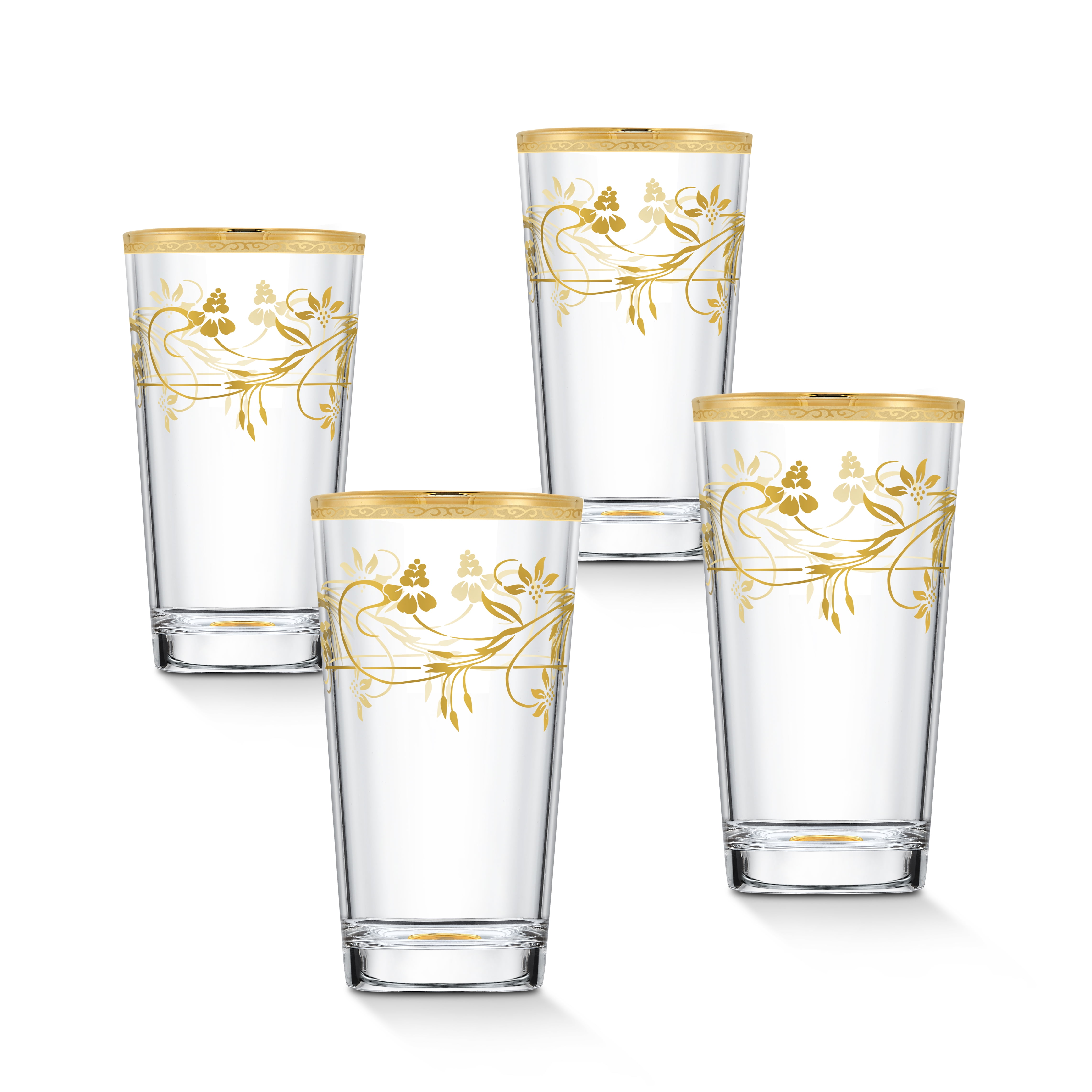 Rosalia Gold Floral Crystal Highball Glass Set, 11 oz, Set of 4