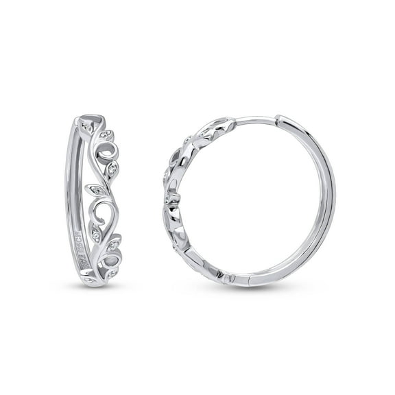 BERRICLE Sterling Silver Leaf Cubic Zirconia CZ Filigree Medium Fashion Hoop Earrings for Women, Rhodium Plated 0.98 inch
