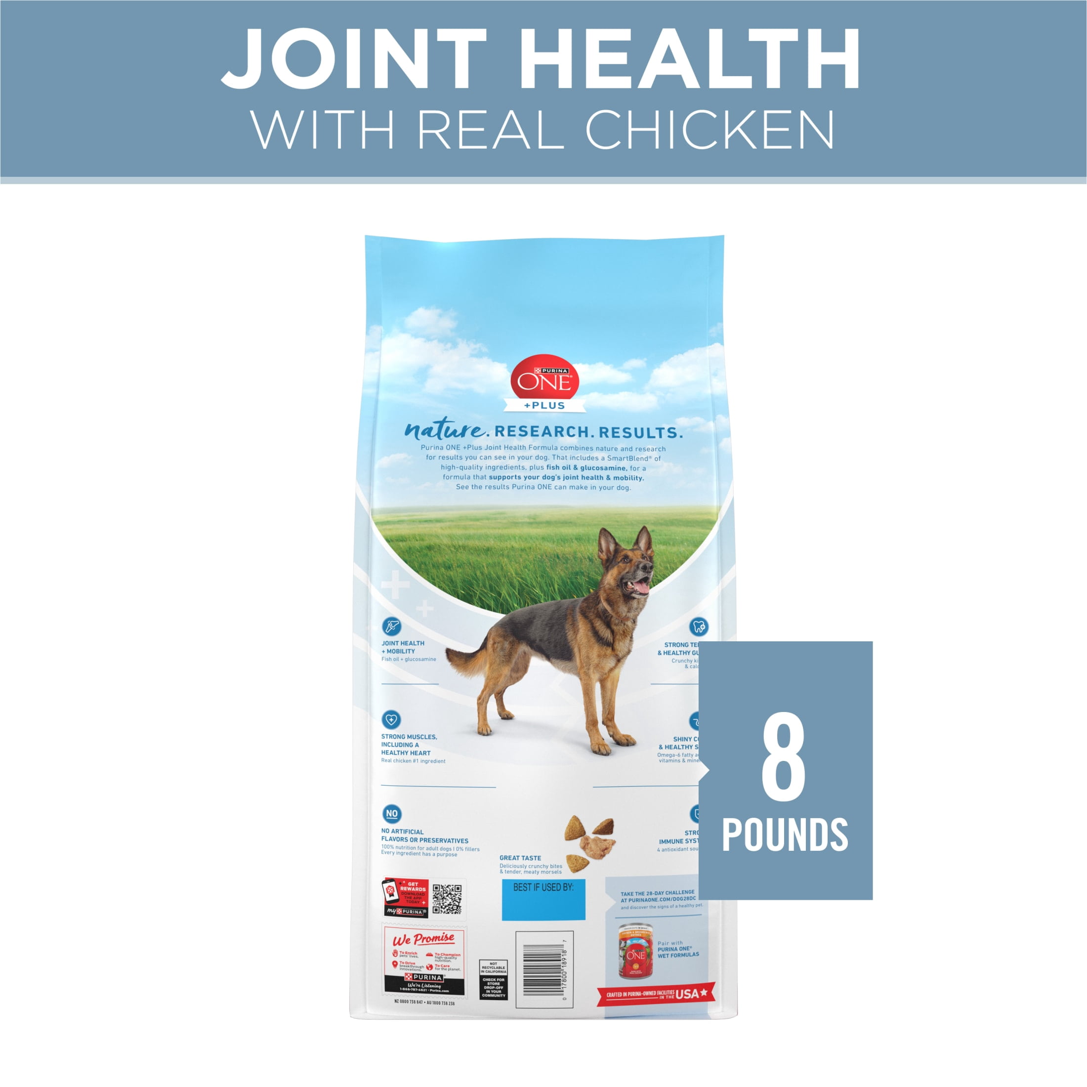 Purina One Plus Joint Health Chicken & Rice Flavor Dry Dog Food, 8 lb Bag