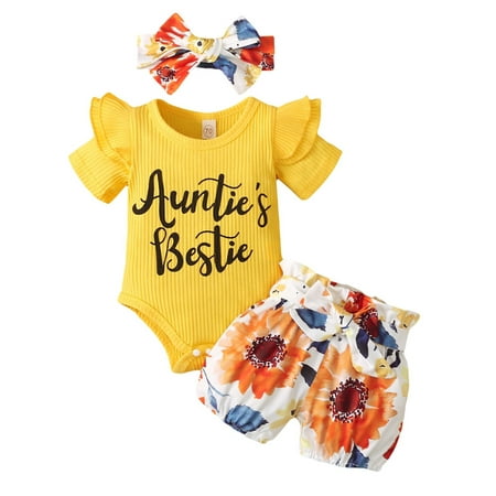 

DNDKILG Infant Baby Toddler Girls 3 Piece Clothes Set Short Sleeve Summer Letter Print Outfits Bodysuit and Floral Shorts Set with Headband Yellow 0-18M 90