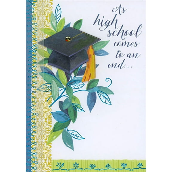 Designer Greetings Grad Cap 3D Die Cut Tip On, White Ribbon : Leafy Branches Hand Decorated High School Graduation Congratulations Card
