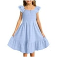 thumbnail image 1 of XIMIN Robes Décontractées pour Filles, Robe Midi à Encolure Carrée Froncée avec Manches à Volants et Poches, Sans Manches, Fluide, Coupe Évasée, Robe d'Été pour Plage, Vacances, Usage Quotidien (Bleu Pâle, 13-14 Ans), 1 of 9