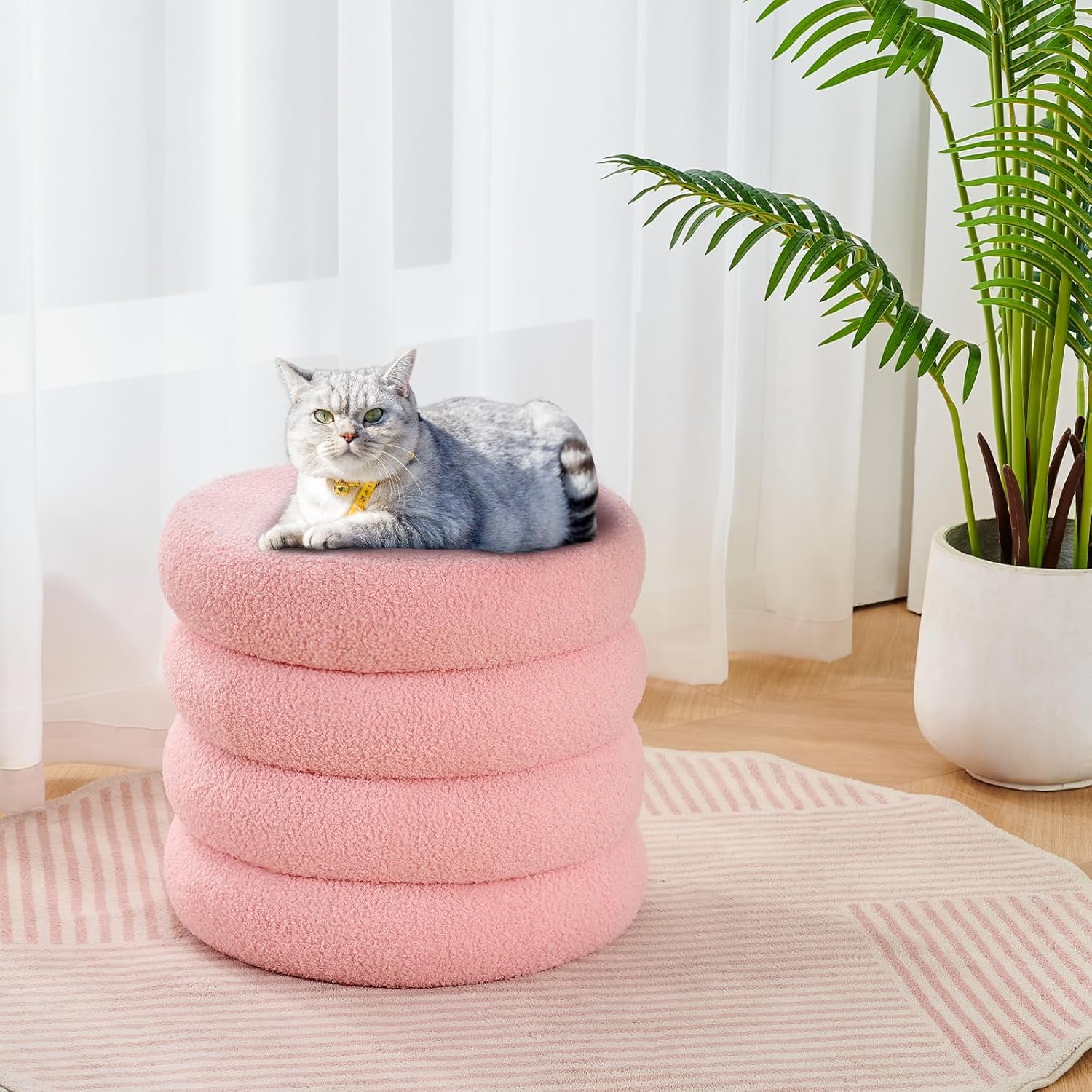 Casa Pura Furniture Round Storage Ottoman, Modern Sherpa Footstool, Teddy Vanity Stool with Flip-Top Tray, Upholstered Footrest for Living Room