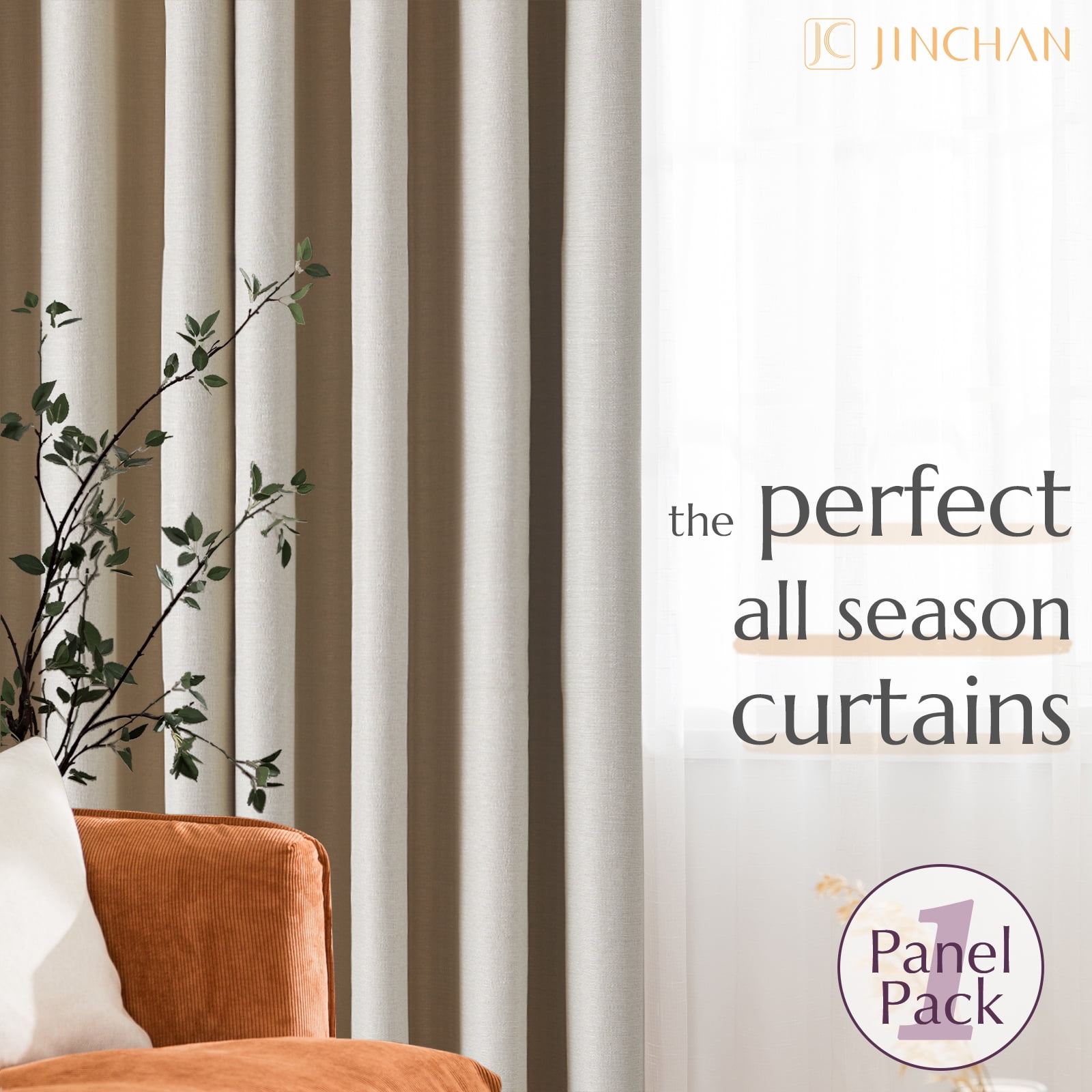 Curtainking Linen Textured Curtain W100 x L96 for Living Room Bedroom Grommet 1 Panel Light Greyish Biege