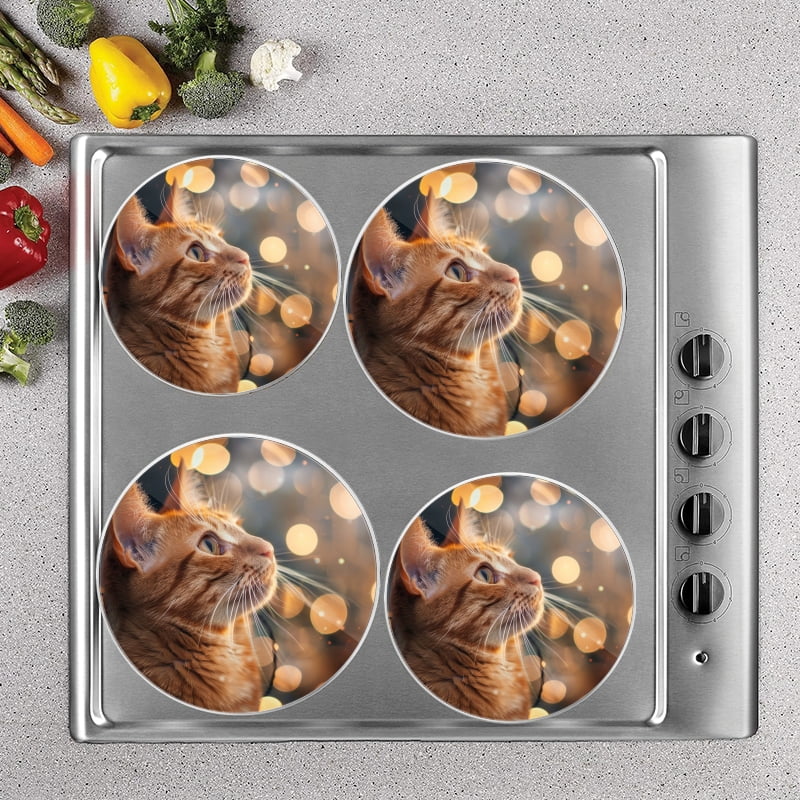 BaHomeck Electric Stove Burner Covers Set of 4,Round Metal Gas Stove Burner Covers 8 Inch and 10 Inch,Kitchen Decor,Ginger Cat Portrait With Lights In The Background