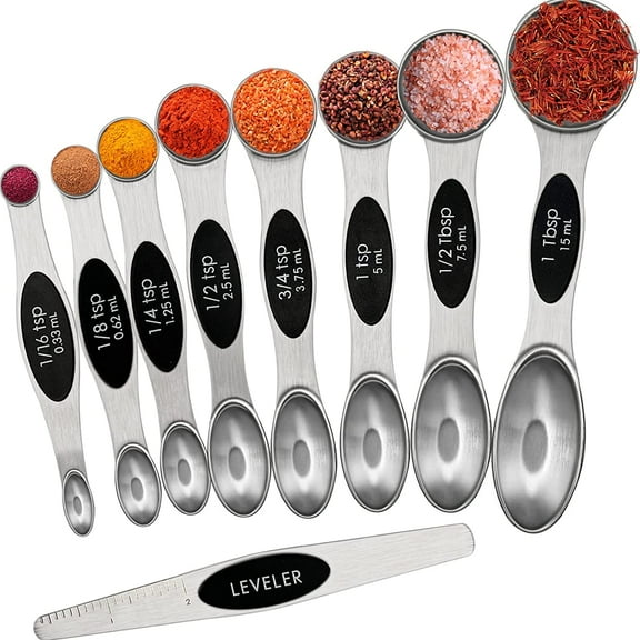 Magnetic Measuring Spoons Set, Dual Sided 9 Pieces Stainless Steel 18/8 Teaspoon Cookware Set Stackable Fits in Spice Jars or Liquid