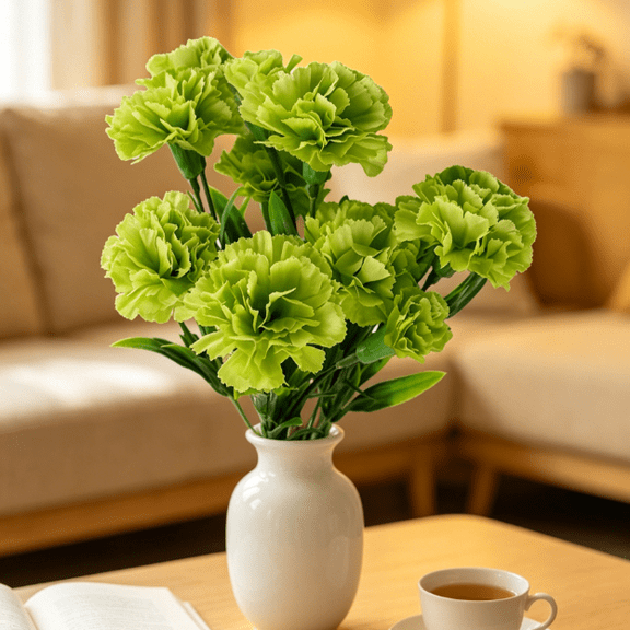 Artificial Flowers for Outdoors, 11 Head Artificial Silk Fowers Carnation Bunch for Wedding and Home Decor, Indoor/Outdoor(Green)