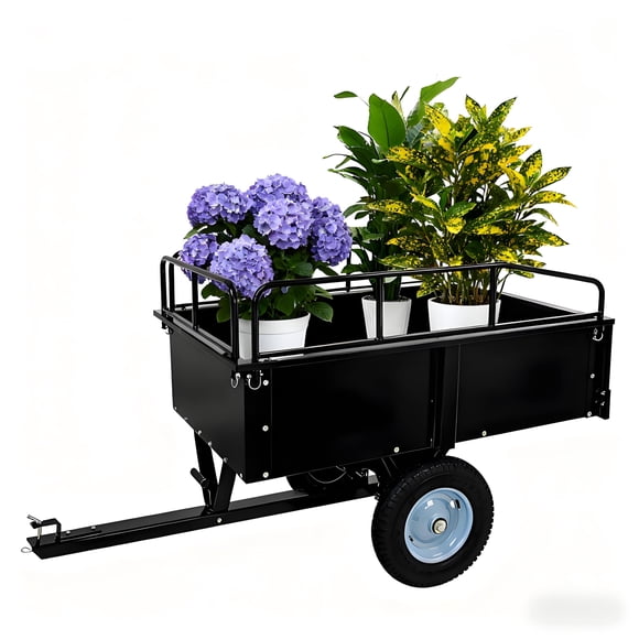 Heavy Duty Steel Dump Cart, 15 Cubic Feet Tow Behind Garden Trailer with Raised Side Rails, Hand Pull or Foot Release Utility Trailer, 750 lbs Capacity, Yellow or Blue Spokes