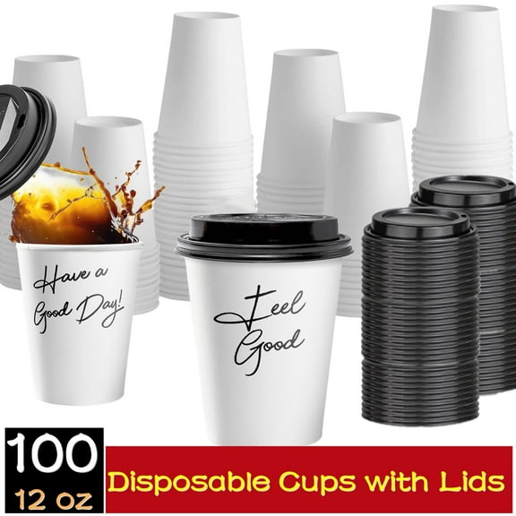 100 Pack 12 oz Paper Cups, Disposable Coffee Cups with Lids, To Go Hot Cups Leak-Free Food Safe Espresso Cups