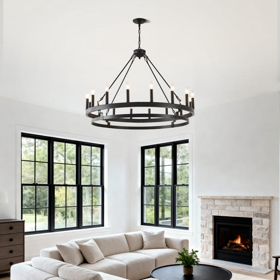 GDF Studio 2-Tier Wagon Wheel Chandelier, 16-Light Rustic Farmhouse Ceiling Light, Matte Black