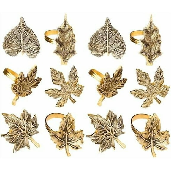 Rustic Napkin Rings Set of 12 - Elegant Leaf Napkin Holders for Dining Table, Wedding, Party, Holiday & Everyday Use - Handmade Decorative Table Accessories (Antique Gold) -
