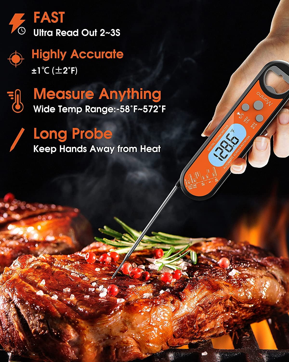 Digital Meat Thermometer, Waterproof Kitchen Instant Read Food Thermometer  for Grilling with Probe, Meat Temperature Probe for Cooking BBQ, Roast