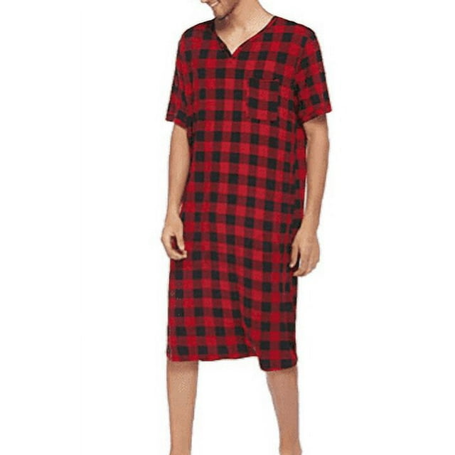 Pyjama d'Été pour Hommes à Manches Courtes Col en V Imprimé à Carreaux Ample Rouge m