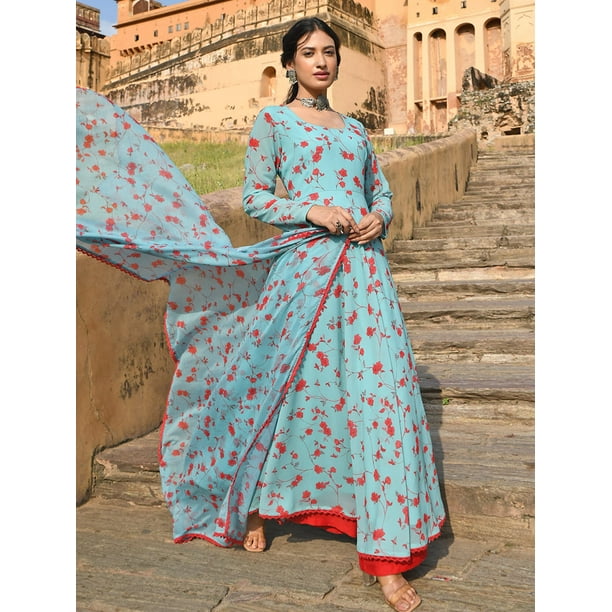 Janasya Indian Women's Sea Green Georgette Floral Print Kurta with Flared  Palazzo and Dupatta - Walmart Business Supplies