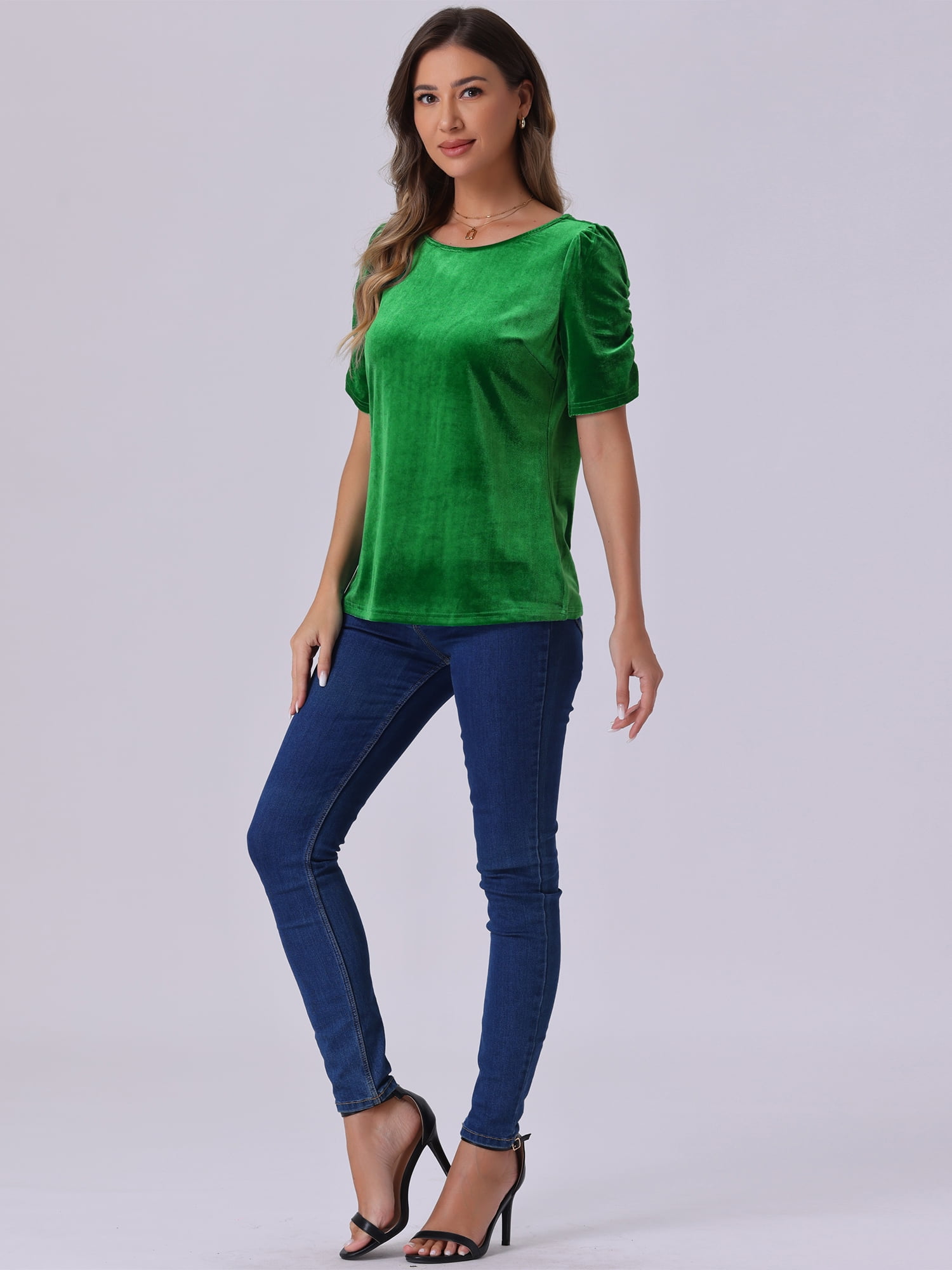 DARING DIVA Women's Round Neck Puff Short Sleeve Party Velvet Top XS Green