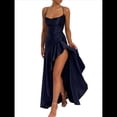 thumbnail image 3 of Vestido de Cóctel para Mujer, Ajustado, Informal, , con Escote en V, Sin Mangas, de Satén, con Volantes en el Bajo y Espalda Descubierta. Azul Oscuro S, 3 of 10