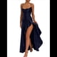 thumbnail image 3 of Vestido de Cóctel para Mujer, Ajustado, Informal, , con Escote en V, Sin Mangas, de Satén, con Volantes en el Bajo y Espalda Descubierta. Azul Oscuro S, 3 of 10