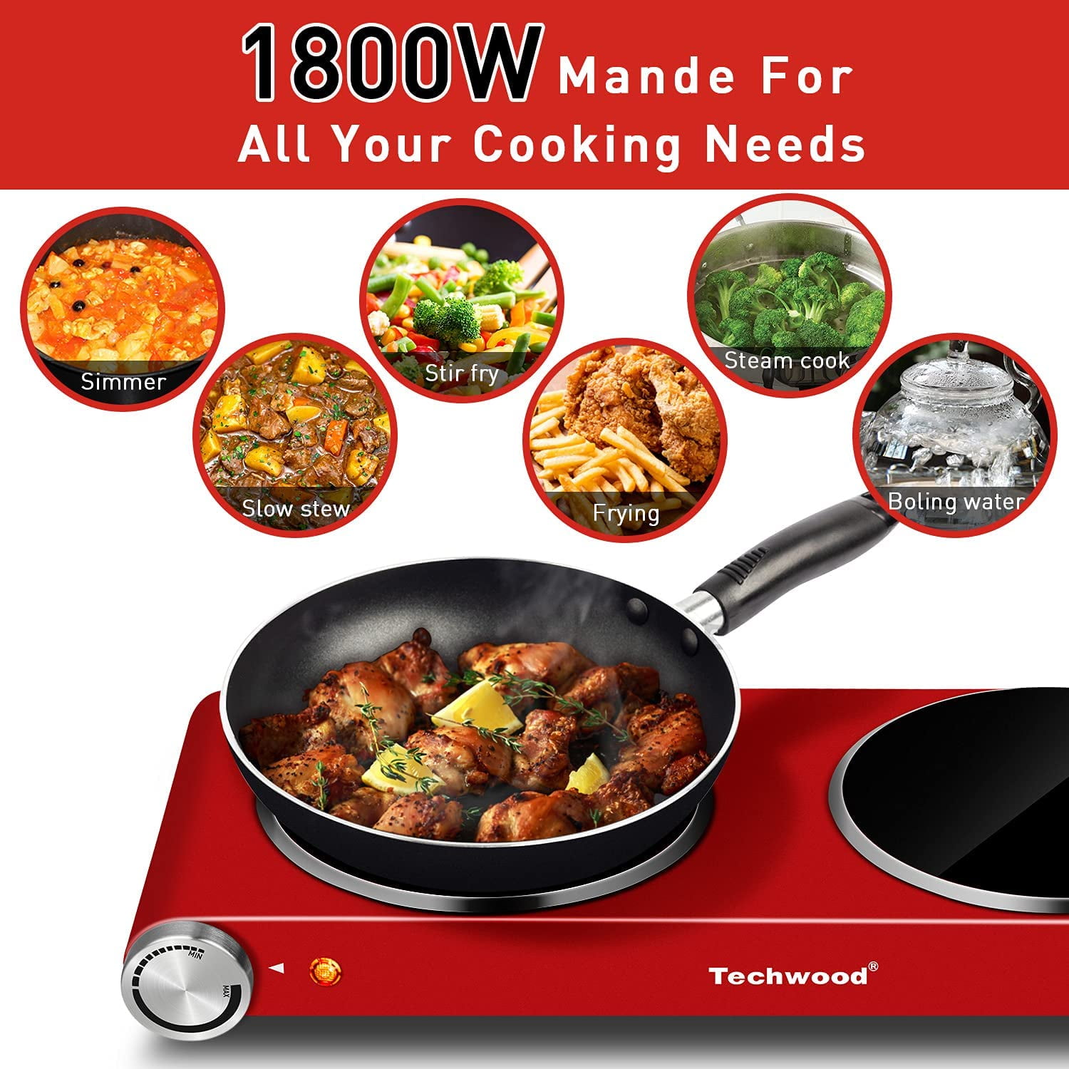 Hot Plate, Techwood 1800W Portable Electric Stove for Cooking Countertop  Dual Burners with Adjustable Temperature & Handles, 7.5” Cooktop for