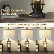 Cinkeda Modern Table Lamps with USB A+C Ports AC Outlet 3 Way Dimmable Touch Control Nightlight Black Industrial Bedside Lamp Set of 2 for Living Room Bedroom