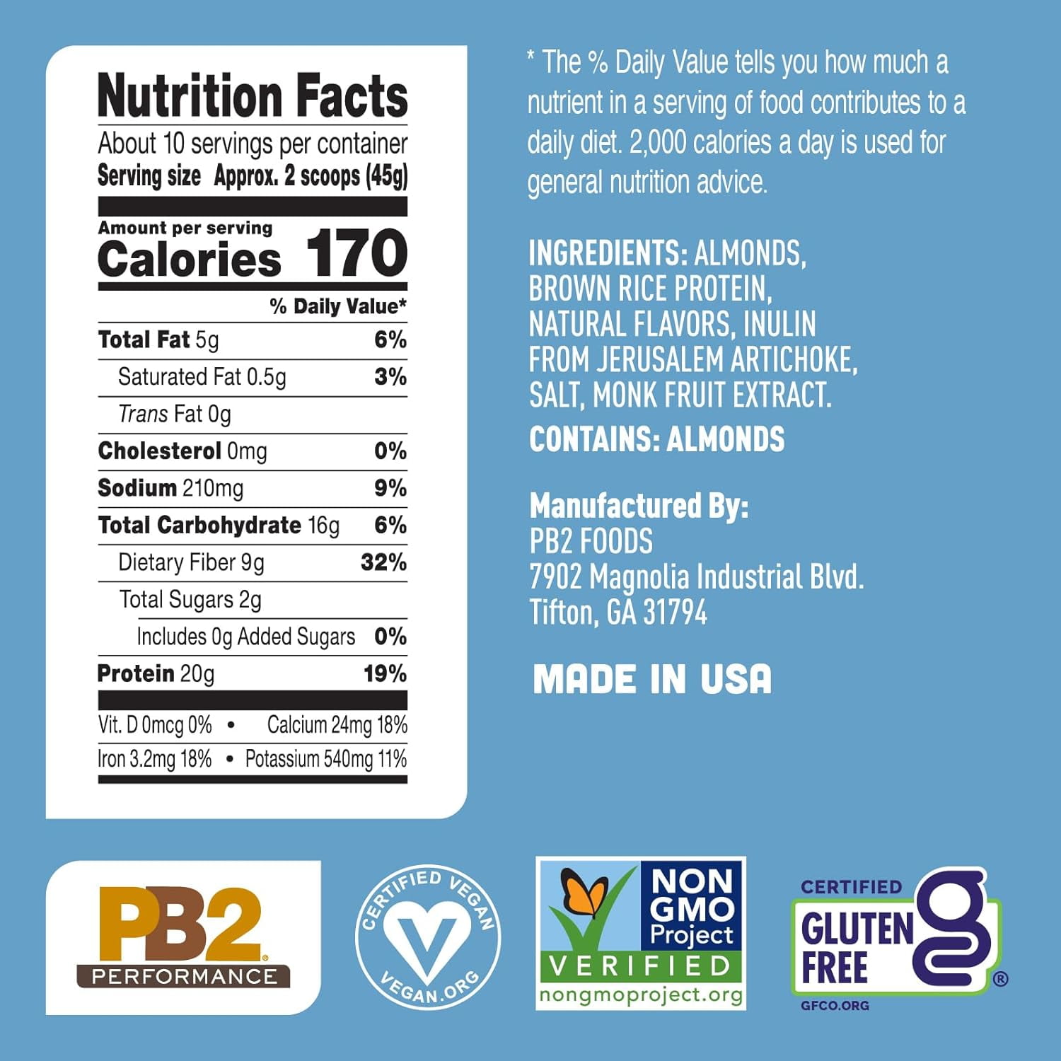 PB2 Performance Almond Plant Based Vegan Protein Powder | 20g Complete Protein, No Added Sugar, Prebiotic Fiber | Dairy Free, Certified Vegan, Non-GMO, Gluten Free [Almond w/Madagascar Vanilla, 1LB]