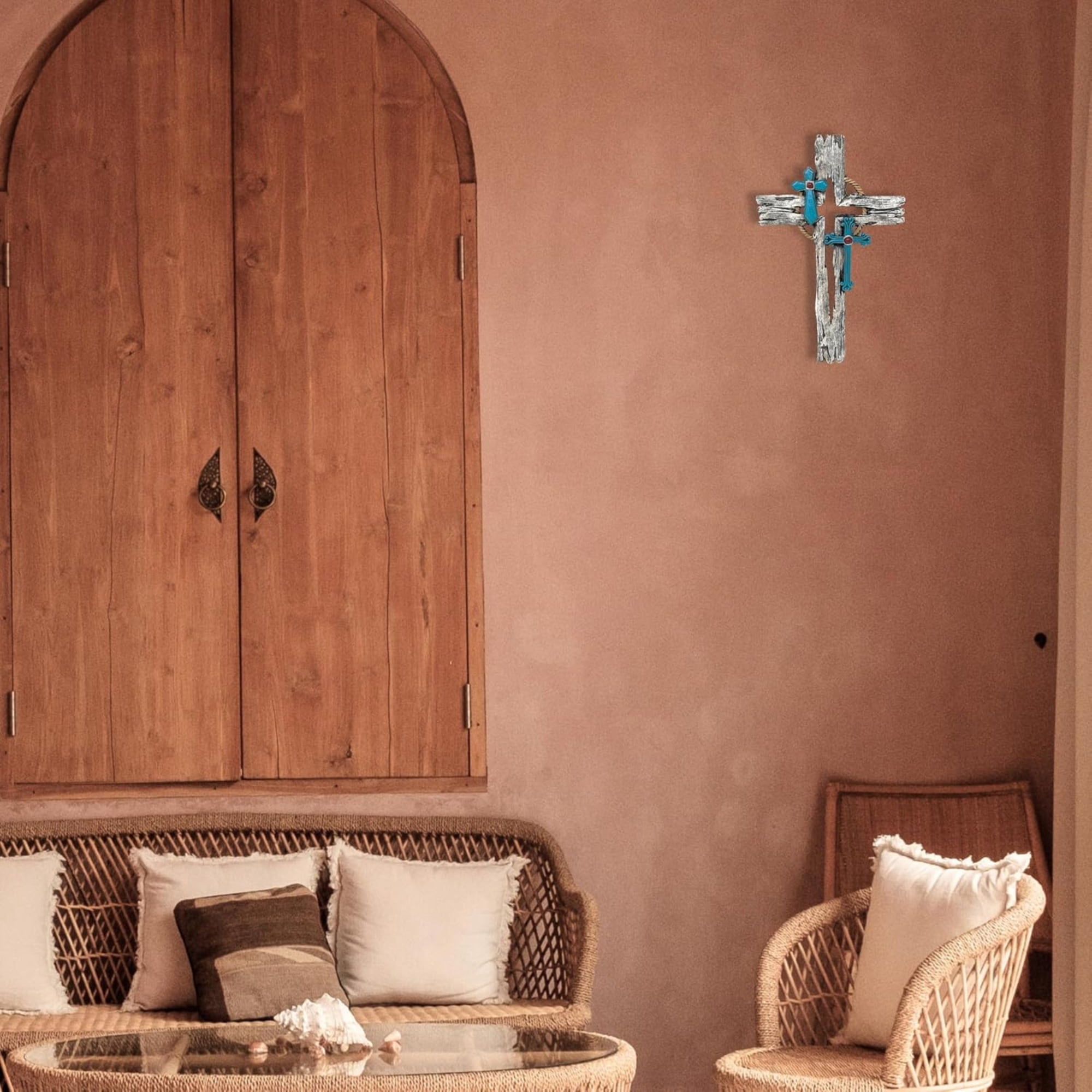 Layered Faux Driftwood Cutout Wall Cross - Resin Rustic Distressed Driftwood Look with Turquoise Crucifix for Southwestern Spiritual & Religious Wall Décor - Inspirational Wall Art for Home & Office