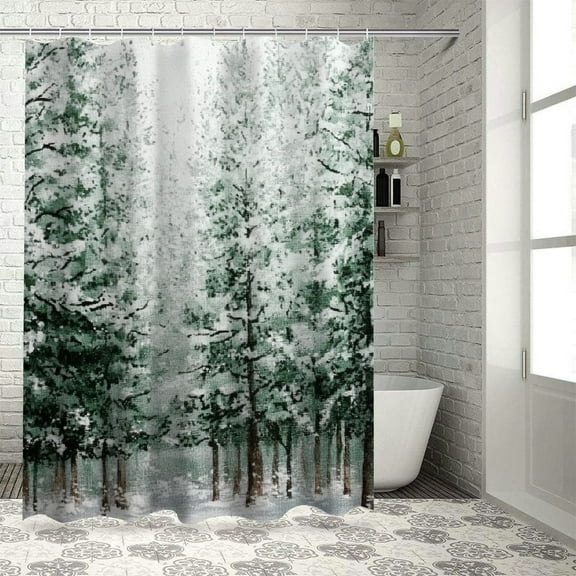 Patifu Snow Trees Bathroom Decor Set with Hooks 100% Polyester Chic Modern Shower Curtain 36"x72