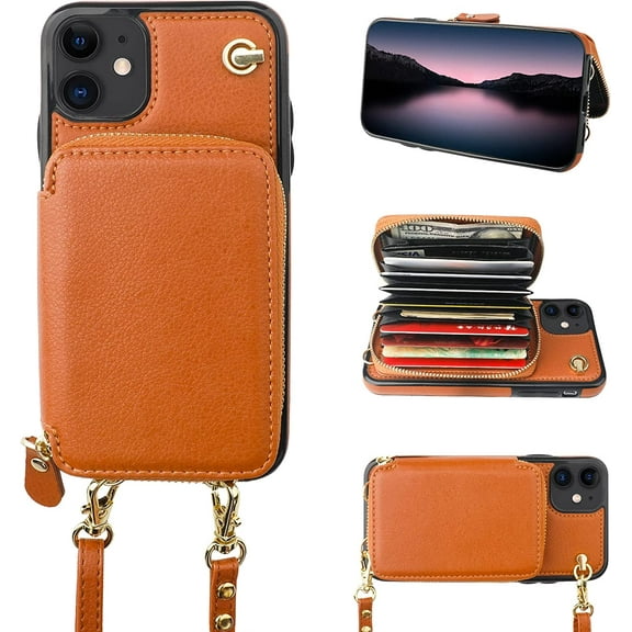 Crossbody Wallet Case for iPhone 11, RFID Blocking Leather Purse Case with Card Holder, Protective Handbag Flip Cover with Zipper Wrist Strap Lanyard for Women 6.1 Inch (Brown)