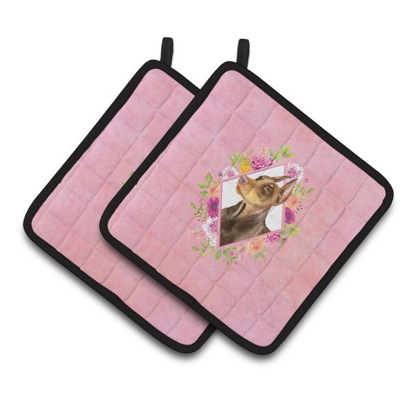 Doberman Pinscher Pink Flowers Pair of Pot Holders