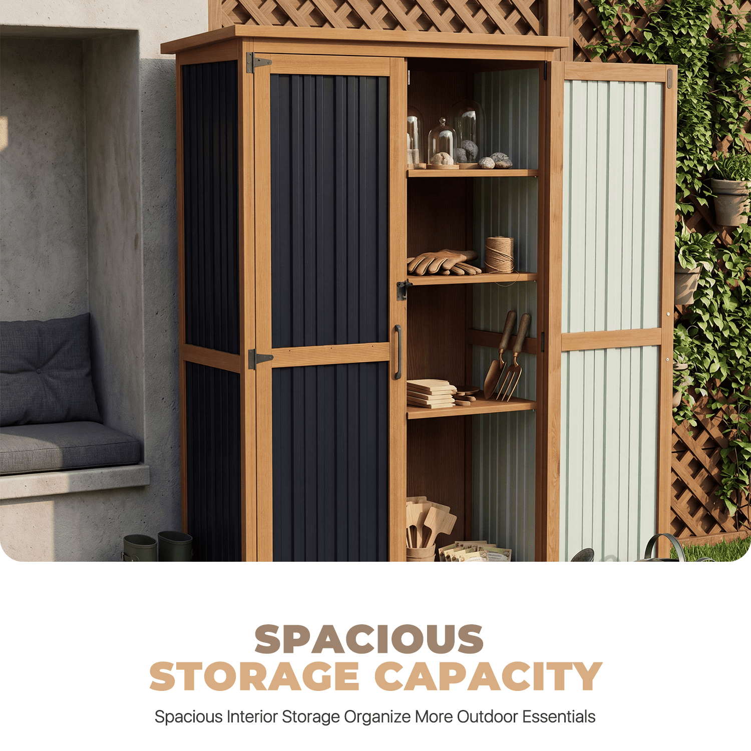 BaPiPro Outdoor Storage Cabinet, 2.6'x1.1' Tall Wood Storage Shed with Lockable Doors, Waterproof Garden Tool Cabinet with Removable Shelves for Patio, Backyard