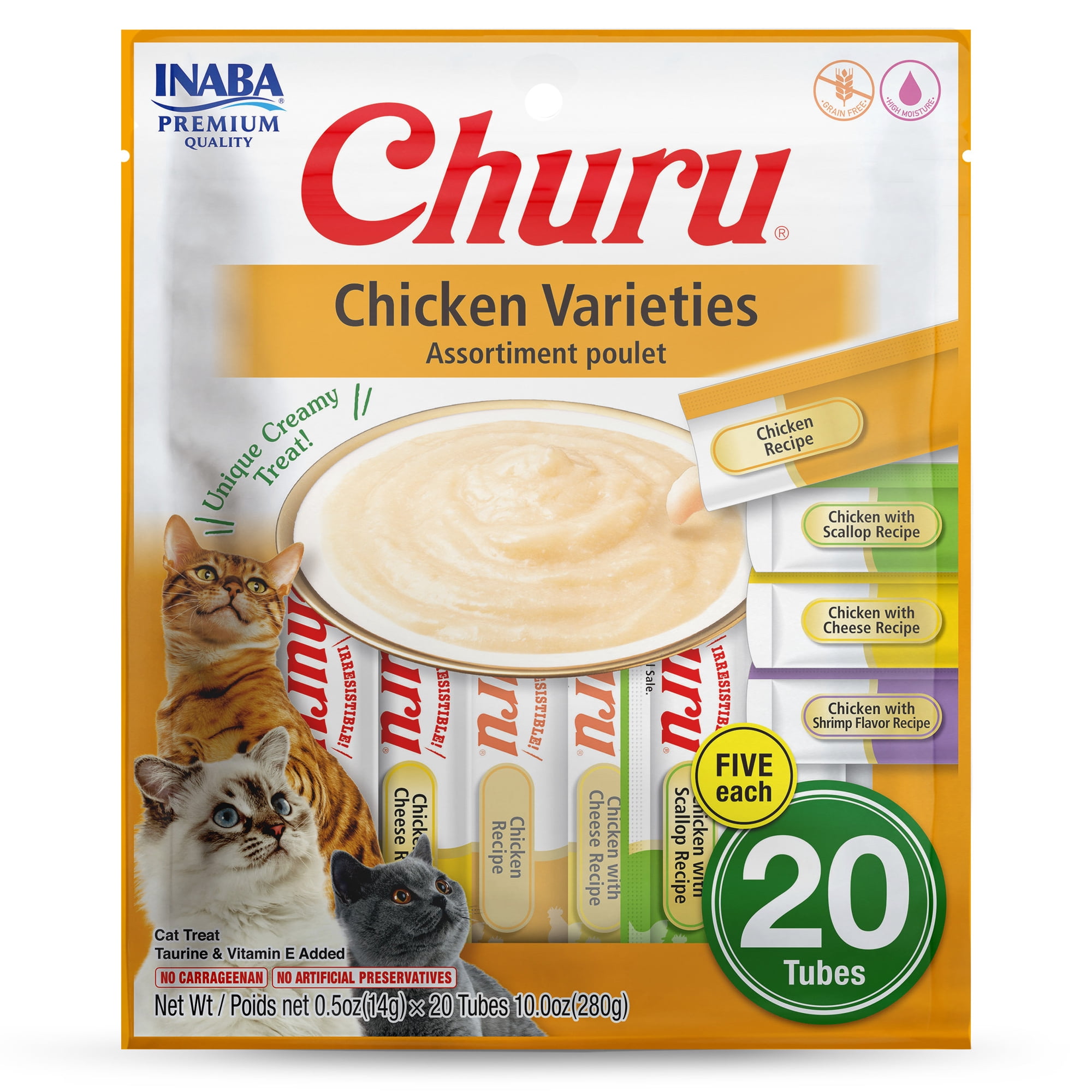 INABA Churu Creamy, Lickable Purée Cat Treat with Taurine, 0.5 oz, 20 Tubes, Chicken Variety
