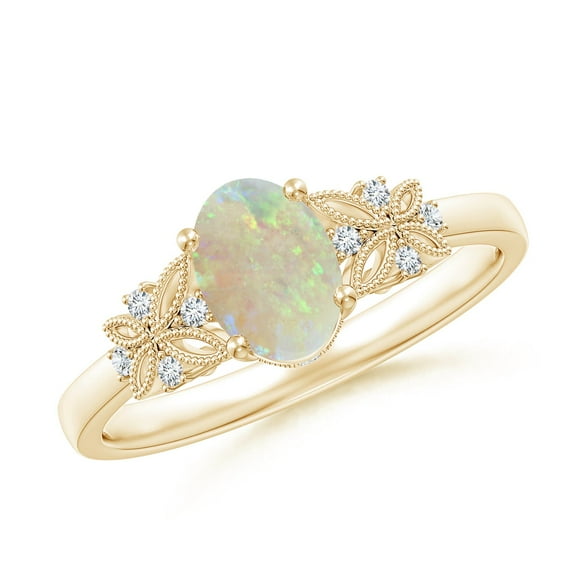 Angara Natural Opal Ring - Vintage Style Oval Opal Ring with Diamonds for Women | October Birthstone Jewelry | 14K Yellow Gold Opal Ring (Ring Size = 7)