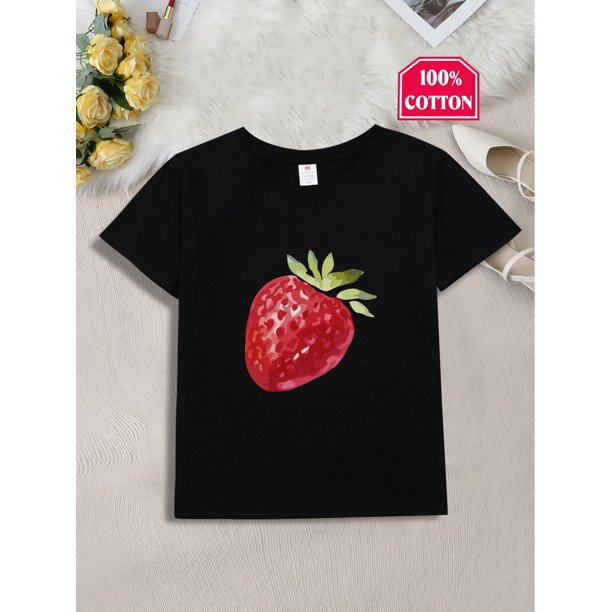 Adorable Strawberry Print Cotton T-Shirt for Girls - Comfy & Cute Short Sleeve Tee, Perfect Gift for Youngsters & Teens