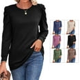 thumbnail image 4 of Top de manga larga con hombros plisados, cuello redondo, color puro, corte holgado, jersey informal para mujer, Top para otoño invierno, negro M, 4 of 6