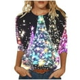 thumbnail image 2 of Cavosen Christmas Womens Shirts 3/4 Length Sleeves Glitter Xmas Tree Print Blouse Round Neck Tops Festival Fashion Shirts Vacation Holiday Tee Cute Workout Party Clothes, 2 of 5