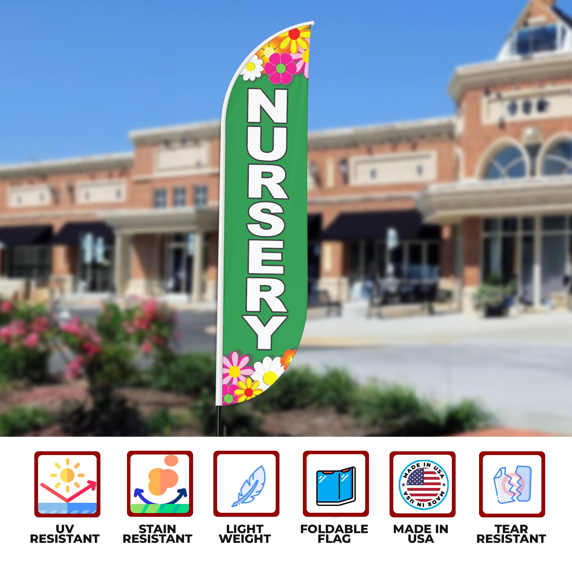 Nursery Sign feather flag for Outdoor by Mavis Print | 11.5 FEET Long Polyester Outdoor Banner Flag for Easy Hang | HD Print Swooper I Flag Only forNursery Advertising | Made in USA I Flag Only