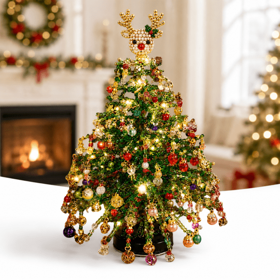 DIY Beaded Christmas Tree Kit with Warm Lights, 7.87 in Mini Tabletop Xmas Tree Craft Enjoyable Hands-on Holiday Craft for Adults Little Deer