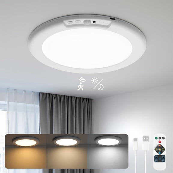 Battery Operated Ceiling Light Rechargeable Ceiling Lights with Remote Wireless Shower Lighting 3000K 4500K 6500K 7.48in Dimmable Timing Overhead Light for Closet Shower Living Room