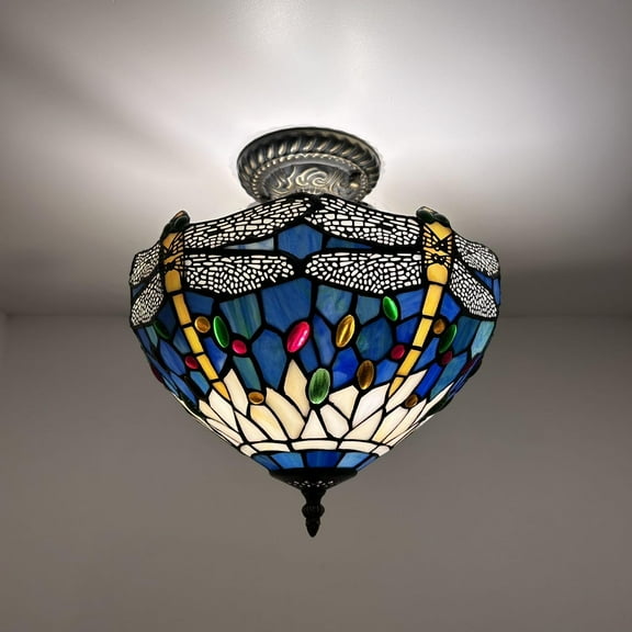 Tiffany Ceiling Lights Fixture Blue Stained Glass Dragonfly 12-Light LED Bulbs Included for Living Room Bedroom Kitchen