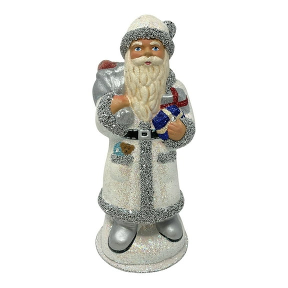 Pinnacle Peak Trading Ino Schaller White Glitter Santa with Bag of Apples German Paper Mache