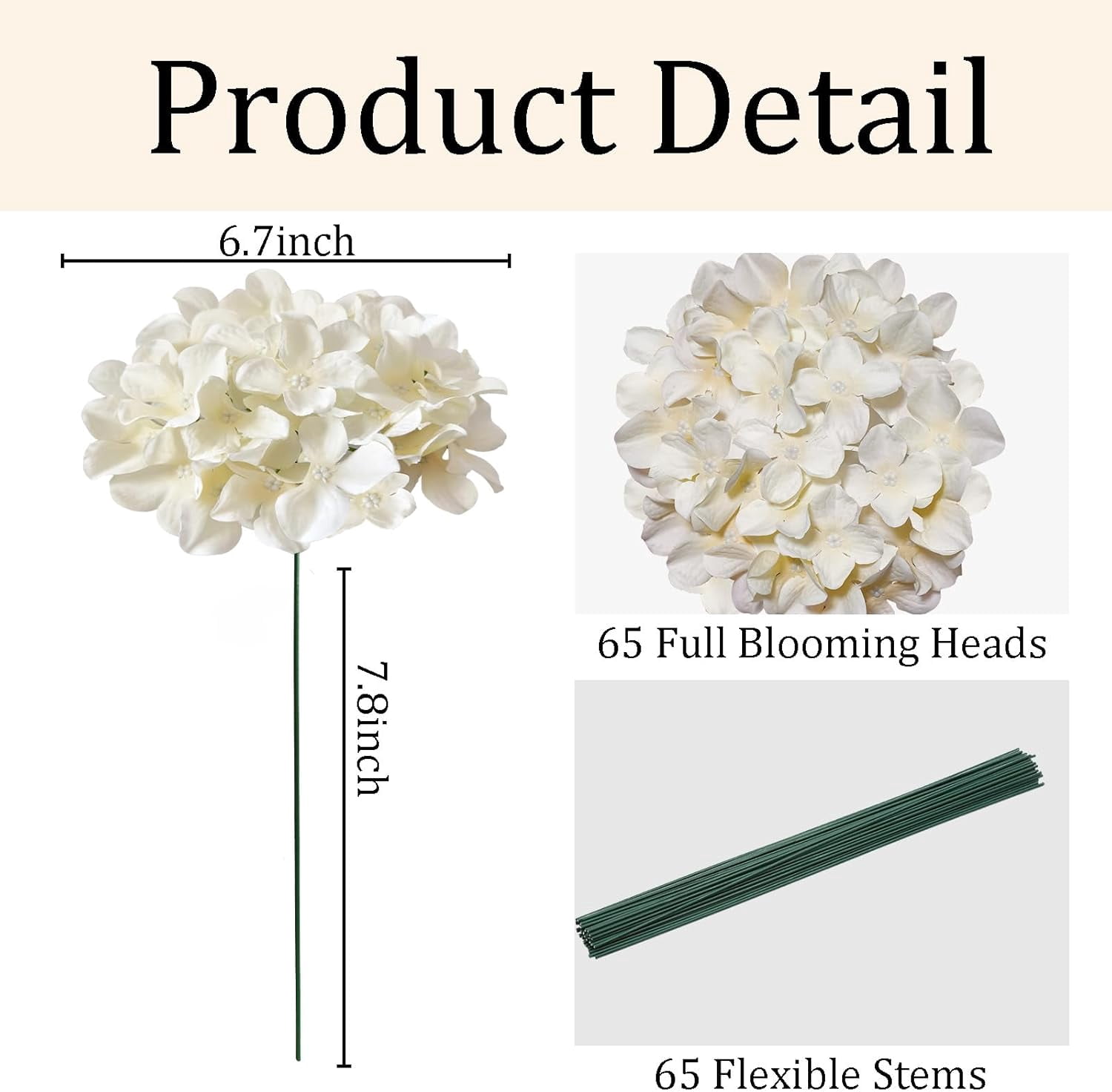 65Pcs White Hydrangea Artificial Flowers Bulk，Realistic Silk Fake Flowers with Stems，Faux Hydrangea Flowers for Wedding Home Decor Centerpieces Living Room Garden Party Baby Shower Decoration