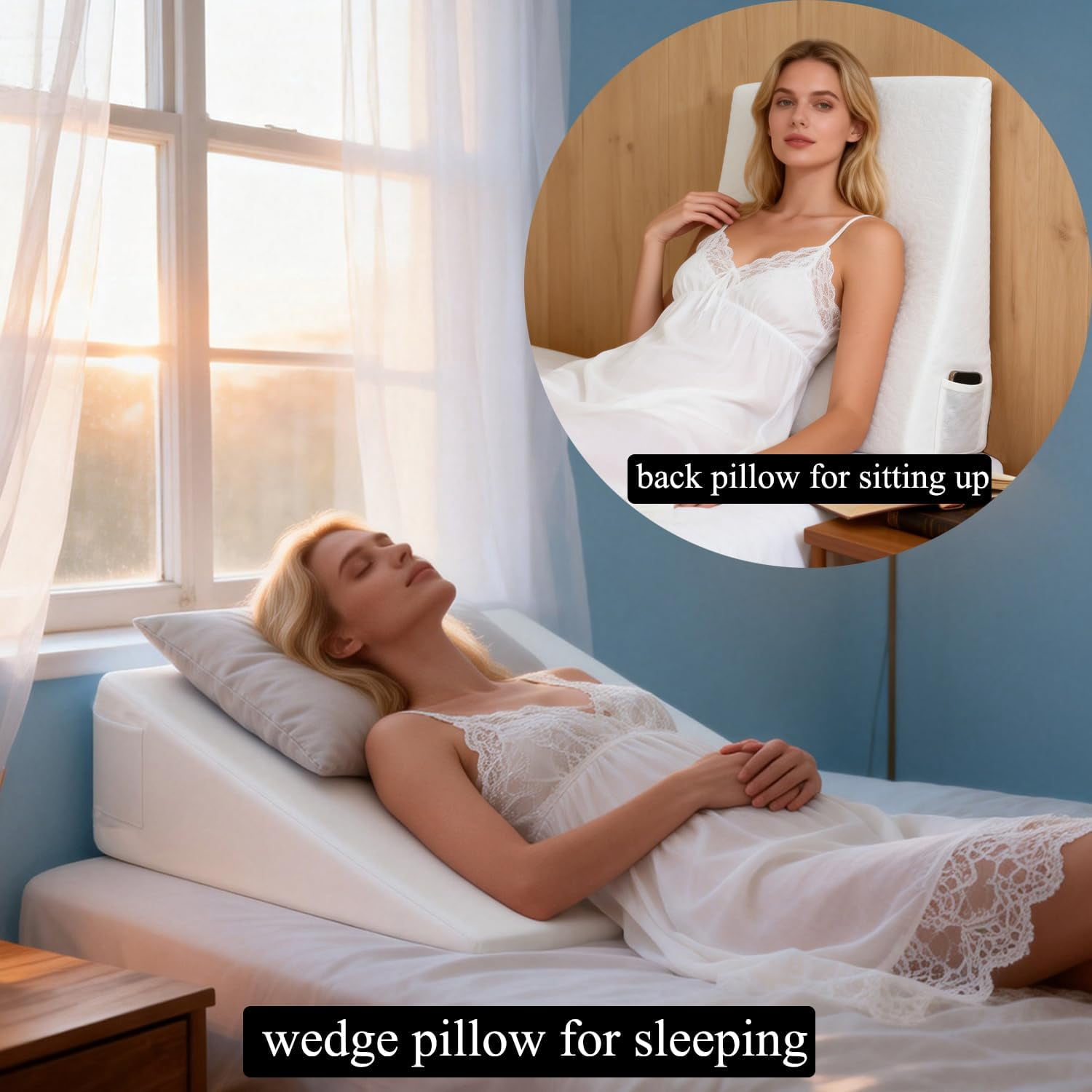 7.5 Inch Memory Foam Wedge Pillow for Sleeping Bed Incline Pillows for Sleeping for Adults Triangle Leg Elevation Pillow for After Surgery, Anti Snore, White