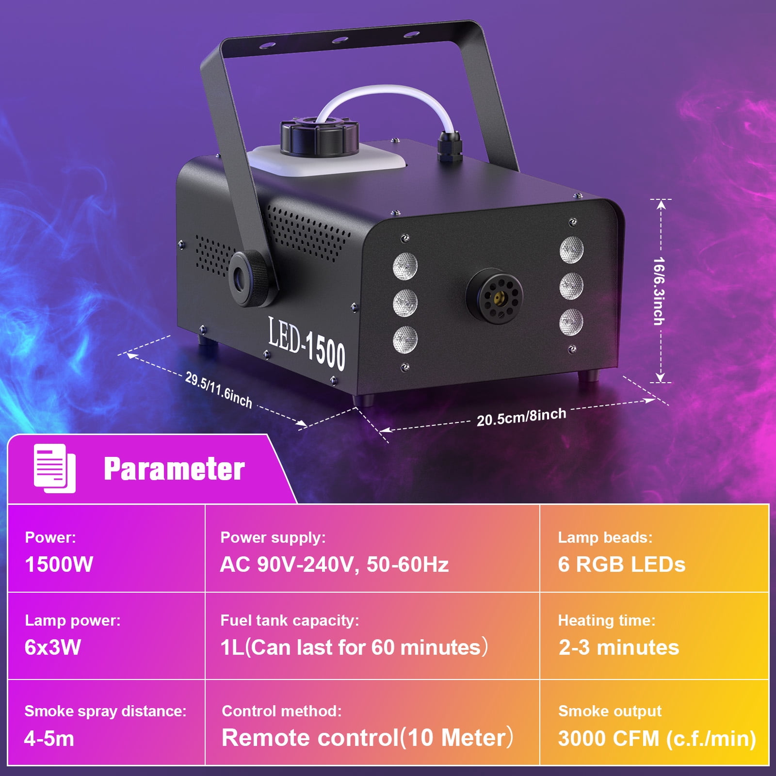 1500W RGB LED Fog Machine - Remote Control Smoke Machine for DJ Stages, Nightclubs, Parties, Concerts & Bars