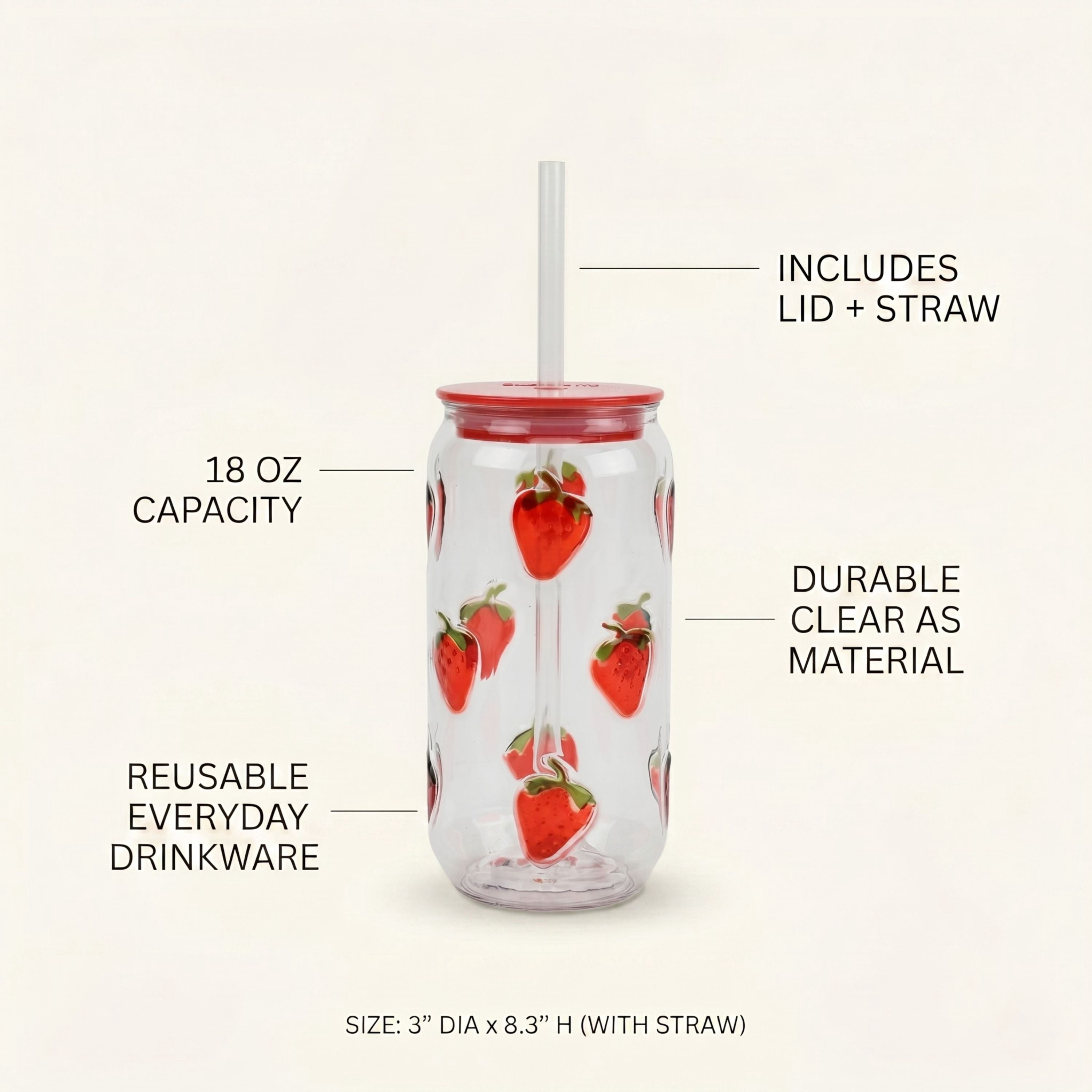 Just Feed Me by Jessie James Decker 4-Piece 18oz Embossed Strawberry Can Sipper Tumbler with Straw Set