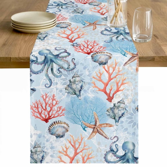 Blue Ocean Table Runner - 120 Inch Long Summer Coastal Beach Nautical Octopus Corals Cotton and Linen Blended Dress Scarves Farmhouse Table Runner for Kitchen Dining, Coffee Table, 13" x 120"